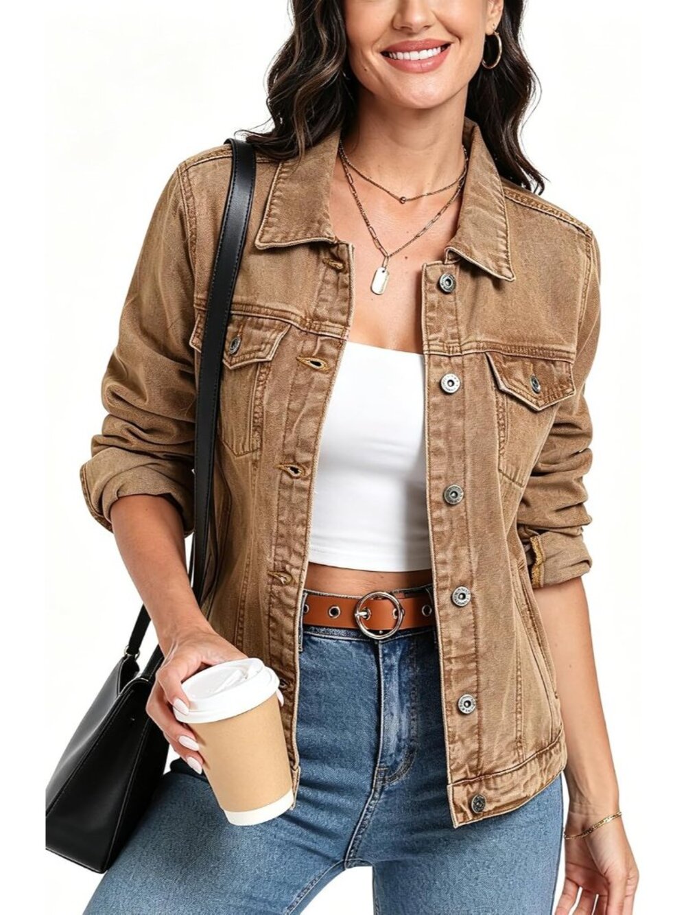 Women's Brown Jean Basic Long Sleeve Button Down Denim Jackets Daily Wear - Picture 2 of 5